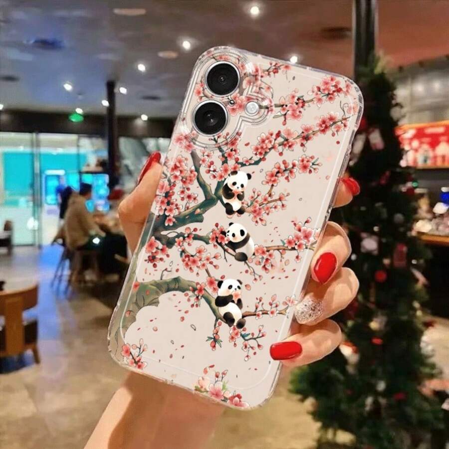 Handyhülle - Sakura Panda auf einem Baum Handyhülle Kompatibel mit iPhone 17/16/15/14/13/12/11/X/XS/XS MAX/ProMax/Air/Plus and  Galaxy S Series. Cartoon Transparente Stoßfeste Voll TPU Handyhülle, Einfach, Stilvoll, , Langlebig - Transparent - Übersicht 1