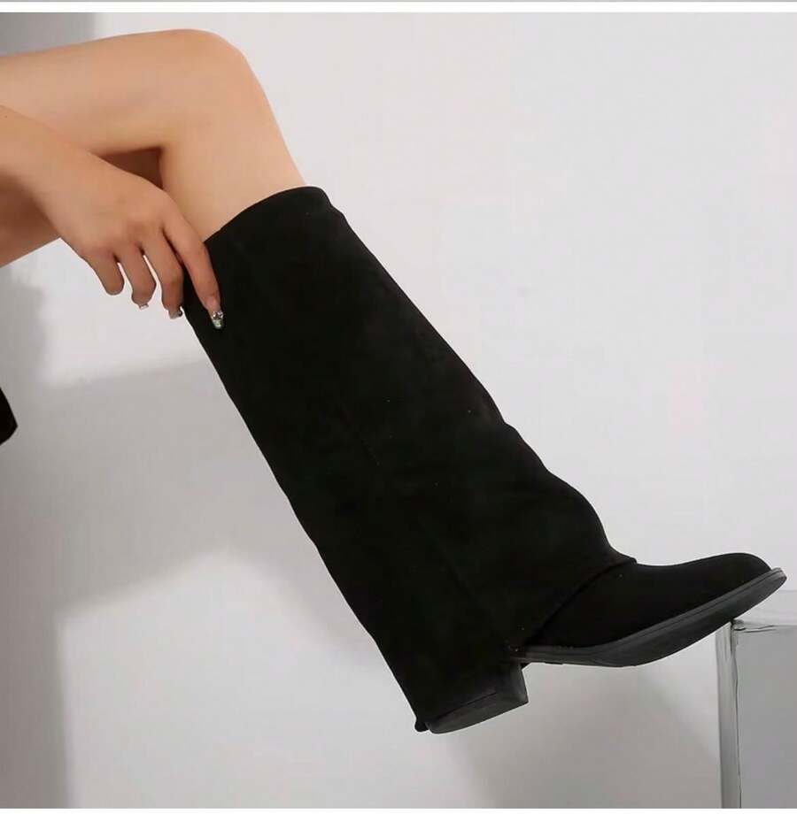 Suede Knee-High Boots For Autumn/Winter, French Style With Chunky Heel And Pointed Toe. Ref 9002 - màu đen - Xem 1