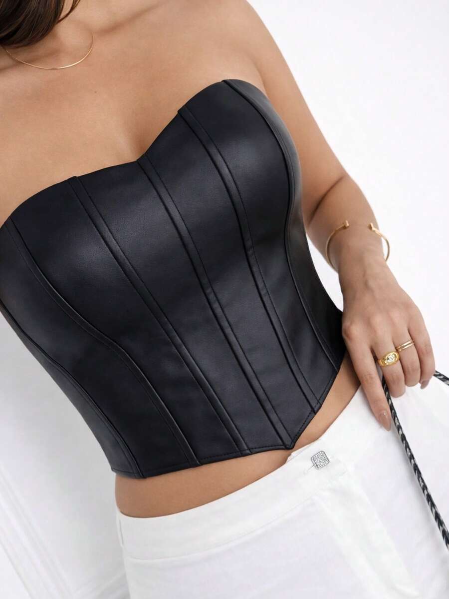 Women's Black Cropped Corset, Faux Leather, Structured, Shaping, Night Out Look - 黑色 - 查看 1