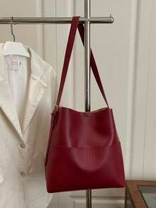 Bolso de hombro de PU de unicolor retro y versátil, bolso de cubo minimalista casual con textura - Rojo - Ver 9