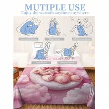 Customized Flannel Blanket With Printed Design Of A Teddy Bear Hugging A Bow Lying On Clouds And Moon, Dreamy Girly Style - Personalized Soft & Warm Digital Printing, Tear-Resistant, Machine Washable, Hypoallergenic, Versatile For Sofa, Bed, Travel, Camping, Living Room, Office - Multicolor - View 7