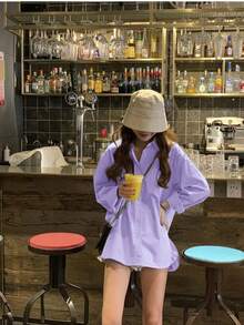 新款宽松蓝色女式衬衫，独特设计休闲外套式上衣，春秋季打底长袖上衣 - 紫色 - 查看 2