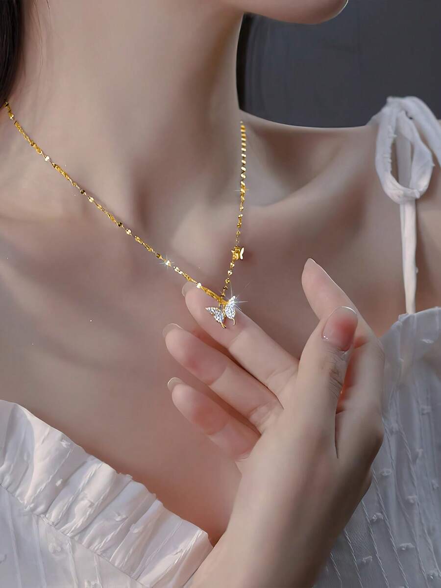 1件925纯银蝴蝶项链，女士水晶锆石吊坠项链，镶嵌闪亮锆石吊坠，适合日常佩戴、派对和特殊场合——优雅的女士礼物之选