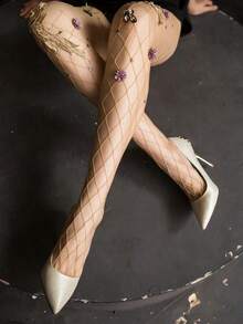 Sexy Floral Bee Fishnet Stockings, Handmade Breathable Mesh Pantyhose, Stylish Tights - Quả mơ - Xem 7