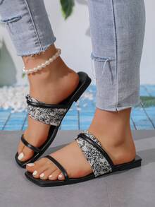 女士凉鞋、印花围巾、沙滩编织面料、多功能配饰拖鞋、夏季 - 黑色 - 查看 6