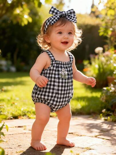 Baby Girl Summer Black & White Plaid Romper With Daisy Embroidery, Fashionable Baby Girl Camisole For 100 Days Photo Shoot + Headband