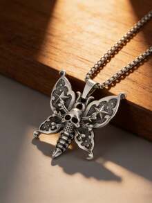 1pc Vintage Gothic Pentagram Skull Butterfly Pendant Necklace, Punk Motorcycle Riding Jewelry Gift For Men & Women - Fashion - View 3