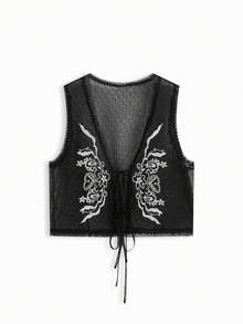 Chaleco de encaje de malla con estampado floral para mujer VINOVA, blusa con abertura delantera en capas, estilo de hada adecuado para festivales de música, fiestas, vacaciones - Gris Oscuro - Ver 2