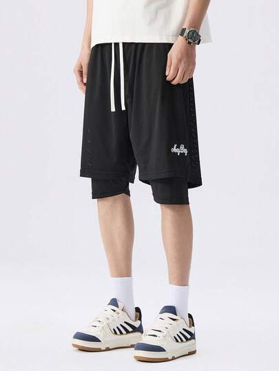 Plus Size Double Layer Training Sports Shorts, Outer Layer Mesh Shorts, Inner Layer Tight Lining, Suitable For All Seasons Sports