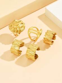 5pcs Asymmetrical Lava Design Open Rings Set, Exaggerated Thick Metal Geometric Stainless Steel Rings, Waterproof Non-Fading Jewelry For Women Party Wear - Geometry - View 4