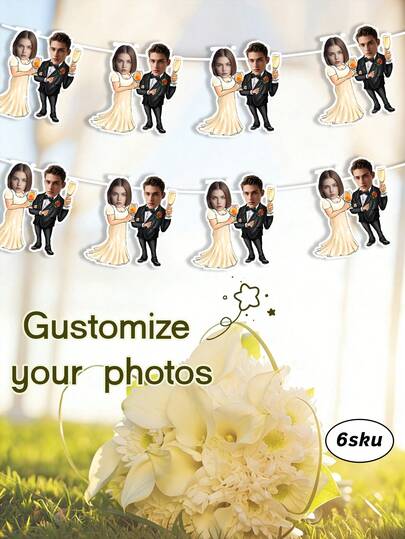 Bộ 7 banner cưới in ảnh tùy chỉnh hài hước, banner trang trí cô dâu chú rể hoạt hình cá nhân hóa, banner cưới in ảnh tùy chỉnh cho tiệc cưới.