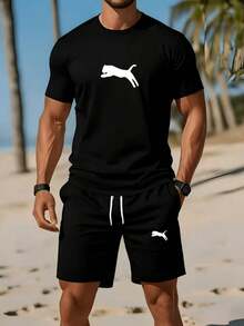 1pcMen's Fashionable Short-Sleeve Set: Summer Crew Neck Short-Sleeve T-Shirt + Casual Shorts, 2pcs Sportswear Set With Flying Leopard Pattern Heat Transfer Print, Breathable Short-Sleeve Top, Men's Casual Sportswear Set,  T-Shirt + Shortssummer Tops Summer Clothes - 黑色 - 查看 14