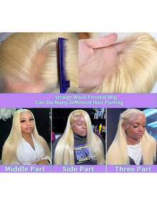 无胶13x6蕾丝前假发，真人混纺发丝，200%密度，直发，耳到耳高清蕾丝前额，预先拔毛，即戴即用，无胶假发 - S613 - 查看 7