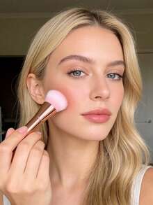 1 cọ trang điểm đầu phẳng màu vàng hồng, lông mềm, dùng để tán kem nền, má hồng, phấn phủ, tạo khối, dụng cụ trang điểm đa năng. - Vàng - Xem 6