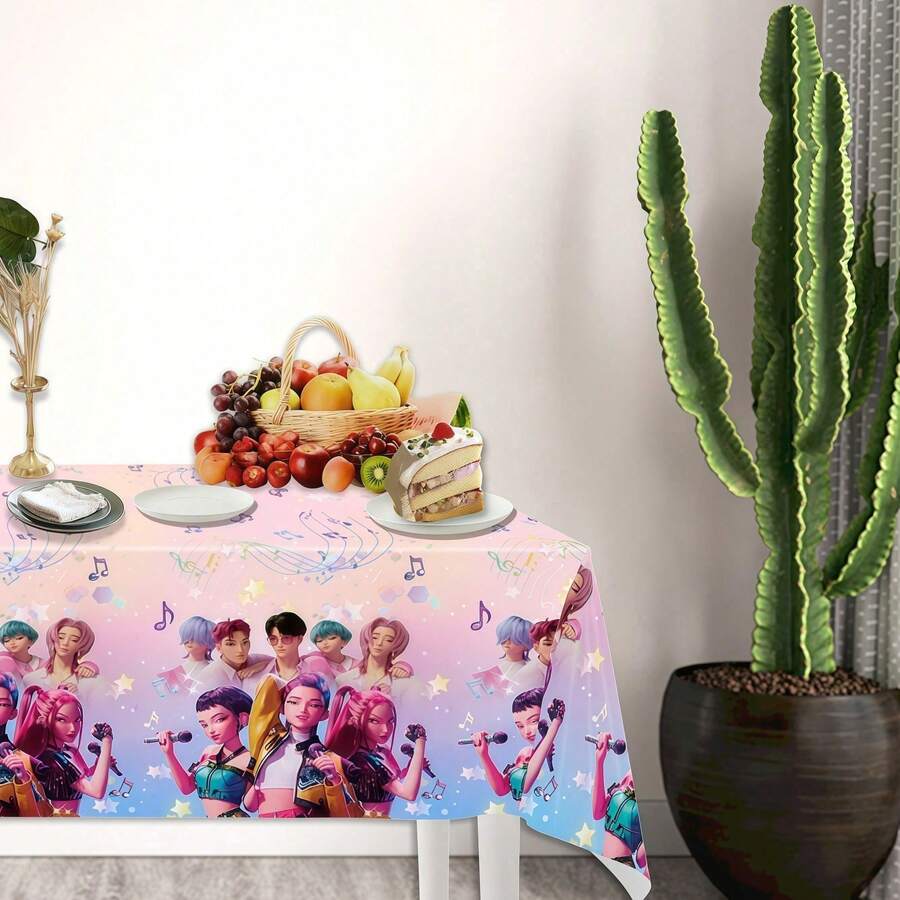 1pc K-Pop Girl Group Demon Theme Party Tablecloth PE Birthday Decoration, Suitable For K-Pop Fans, Random Style - Multicolor - View 1