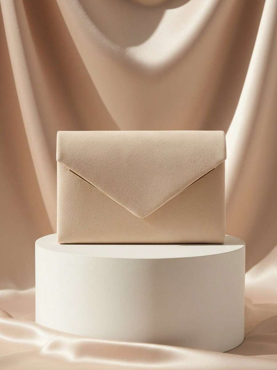 Metallic Chain Glitter Sequin V-Shaped Design Clutch Bag, Women's Evening Bag For Wedding Party Casual Handbag, Formal Wallet - Apricot - View 1