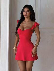 白色雪纺露背系带迷你连衣裙，女士轻盈修身纯白夏季连衣裙，女士优雅红色情人节吊带系腰迷你连衣裙，适合夏季海滩度假，撞色蕾丝性感透视腰部开衩吊带连衣裙，适合日常约会、夜店、派对、鸡尾酒会、泳池派对、返校季，性感紧身连衣裙，酒红色派对 - 紅色 - 查看 9