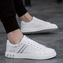 Sepatu Skate Pria Bertali dengan Desain Garis-Garis - Bagian Atas Kulit PU Tahan Lama, Lapisan Kain Bernapas, Sol Dalam Kain, Sol Luar PVC Anti-Selip, Ujung Bulat, Cocok untuk Pakaian Kasual di Luar Ruangan pada Musim Gugur, Musim Semi, Musim Panas, dan Musim Dingin - Abu putih - View 5
