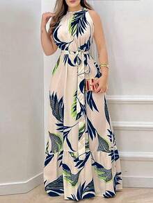 Women's Casual Sleeveless Dress With Botanical Print, Elegant, Summer, Boho Dress With Belt, Gathered Hem, Round Neck Gathered Sleeves, Regular Fit, Long With Tropical Floral Print - 海軍藍 - 查看 2