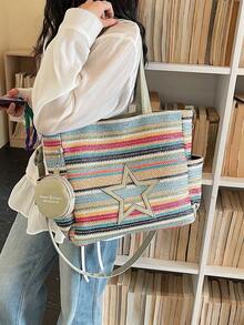Nueva bolsa de lona casual y de moda con patrón de estrella yúltiples bolsillos, incluida una monedero - Multicolor - Ver 6