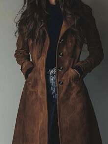Women's Elegant, Casual, Retro Solid-Color Suede Trench Coat For Fall - Cà phê nâu - Xem 3