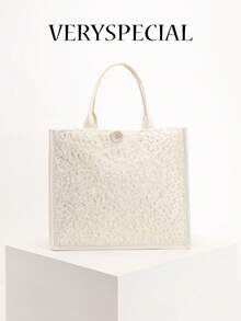 1pc Colorful Sequin & Mesh Patchwork Linen Tote Bag, Fashion Floral & Leaf Embroidery Design, Large Capacity Square Shoulder Bag, Casual Vacation Style Shopping Bag (Floral Pattern Randomly Distributed) - White - View 10