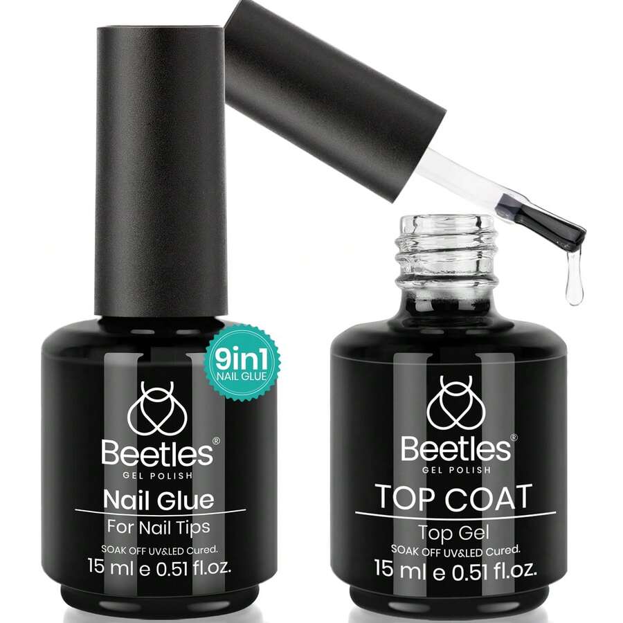 Beetles 2Pcs 15ML Gel Nail Glue & No Wipe Top Coat Kit, 9 In 1 Multi-Functional UV Nail Glue For Acrylic Tips & Clear Press On Nails, Easy Nail Extension Gel With Glossy Shine Finish, Soak Off LED Home DIY Manicure Essentials - 2支裝15毫升凝膠指甲膠套裝 - 查看 1