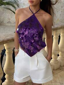 Women Sequin Halter Tops Sparkly Sleveless Backless Self Tie Cute Summer Camisoles Rave Costumes Party Clubwear Glitter Vest Brunch Outfits Vacation Beachwear - Màu tím - Xem 3