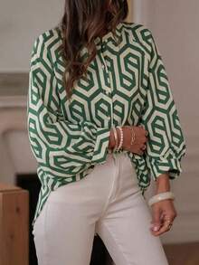 女士七分袖休闲宽松衬衫 - 綠色 - 查看 2