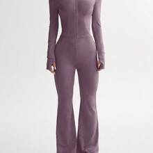 Ensemble Top à manches longues et pantalon de sport slim fit de couleur unie pour femmes, tenue de fitness pour femmes - Rose bonbon - Voir 4