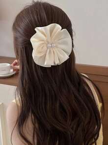 1pc Romantic French Retro Satin Ruffle Pearl Flower Clip, Elegant Niche Sweet Hair Clip For Half Updo - Multicolor - View 11