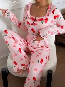 2pcs Women Casual Cherry Print Ruffle Trim Long Sleeve Square Neck Loungewear Set, Autumn - Pink - View 7