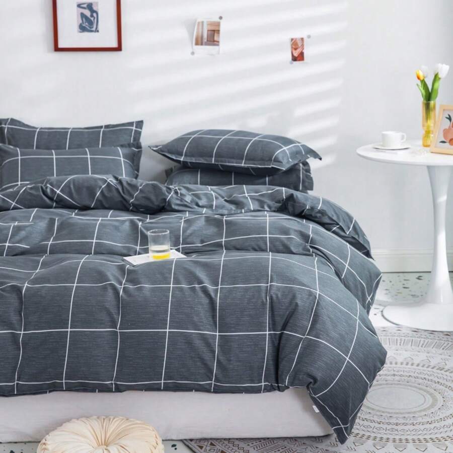 1 buah Sarung Selimut Poliester, Motif Kotak-kotak Aneka Warna, Garis-garis, Pola Geometris, Gaya Minimalis Modern, Kain Lembut & Nyaman, Cocok untuk Tidur Tanpa Selimut, Menyerap Kelembapan, Cepat Kering, Dapat Dicuci, Tidak Berbulu, Tidak Luntur, Suhu Dapat Diatur, Cocok untuk Semua Musim, Tekstur Putih Segar & Bersih, Perlengkapan Tempat Tidur Rumah yang Cocok untuk Semua Musim - Dark Grey - View 1