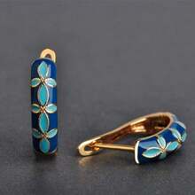 Fashionable Blue Floral Enamel Copper Earrings, Party & Banquet Earrings For Women & Girls, Golden Sweet Accessory, Gift Choice - 藍色 - 查看 1