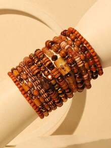 12pcs/Set Bohemian Style Brown Beaded Bracelets, Suitable Women Vacation, Beach & Daily Wear - 咖啡 - 查看 3