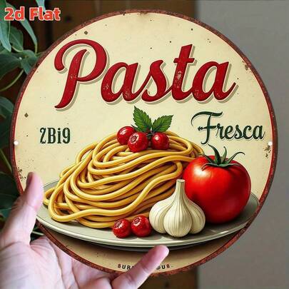 1件2D平面意大利新鲜意面主题壁饰，7.8英寸圆形木质设计，包含意大利面、樱桃番茄和蒜瓣，乡村风格装饰，是意大利餐厅的理想之选，也是美食爱好者的绝佳礼物。预留孔位，尺寸见图。