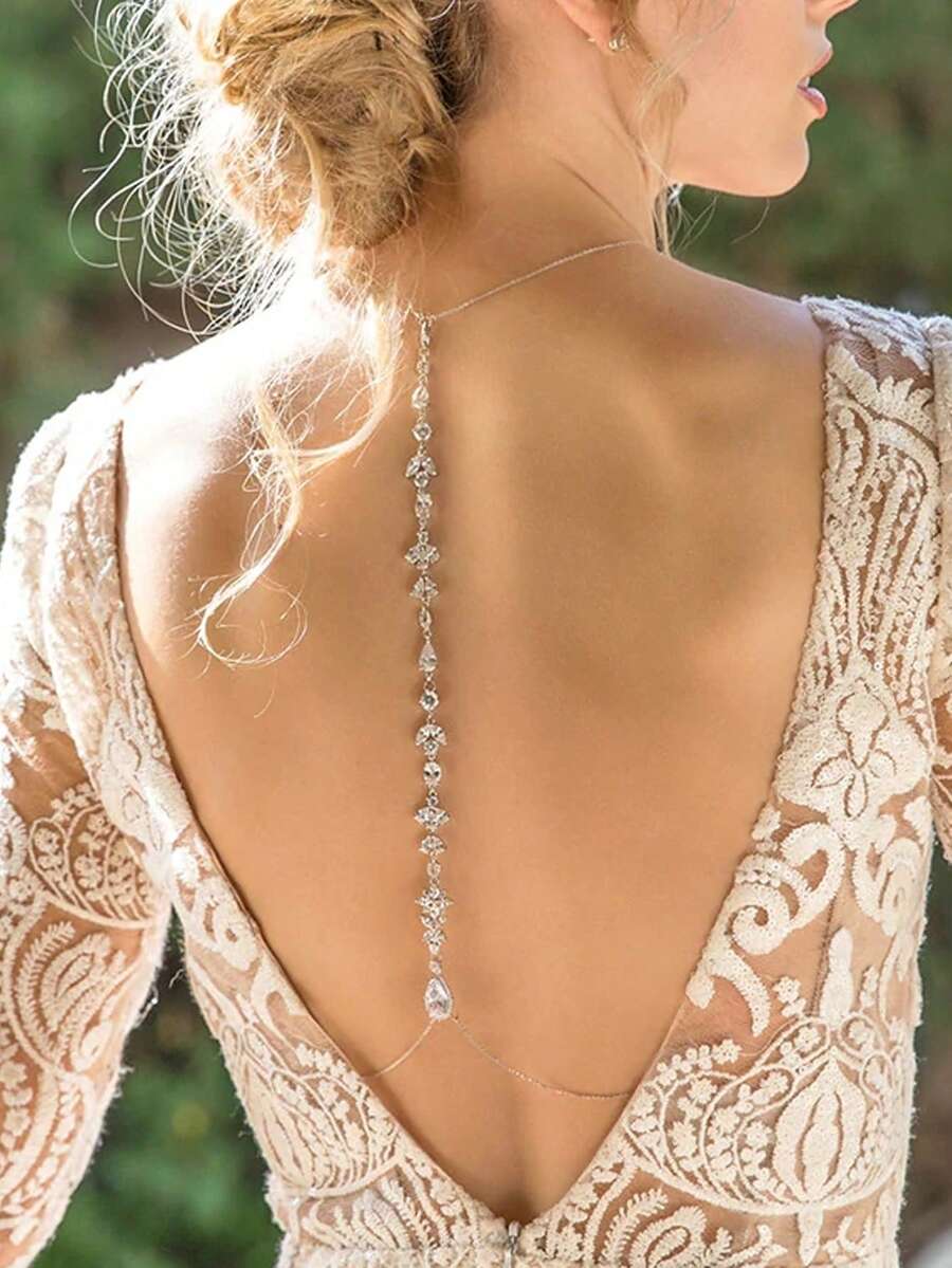 1 chiếc dây chuyền mặt sau hình lá sang trọng đính đá Zirconia, trang sức dây đeo thân gợi cảm, vòng cổ cô dâu thời trang Âu Mỹ. - Bạc - Xem 1