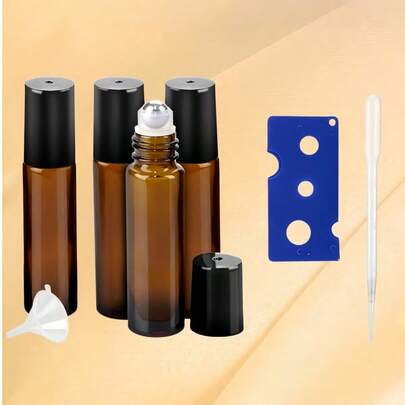 1 Set (4 Amber Glass Refillable 10ml Roll-On Bottles, 1 Funnel, 1 Dropper, 1 Opener) With Stainless Steel Roller Balls And Caps, Suitable For Travel, Perfume And Lip Gloss