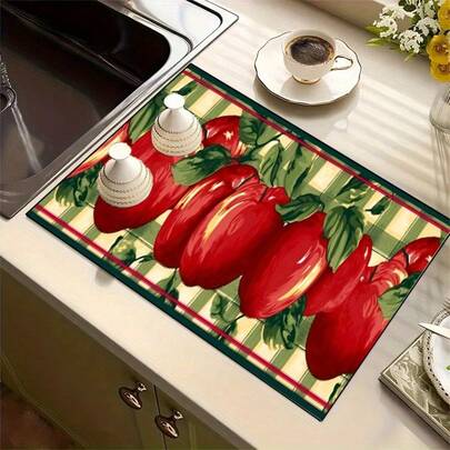 1pc Red Apple Printing Bowl Rack Drying Mat Bar Water Absorption Mat, Desktop Protective Insulation Mat Kitchen Dining Table Counter Dining Room Decoration Products, Suitable For Coffee Machine Mat Washing Machine Mat Microwave Oven Mat.
