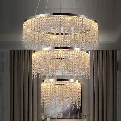 Exquisite 23.6" Modern 3-Tier Crystal Chandelier For Ceiling, Opulent K9 Raindrop LED Hanging Light Fixture In Polished Silver Color, 3-Color Changeable Height Adjustable Pendant For Room Deocr High Ceiling Living Room, Dining Room, Foyer