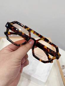 1 chiếc kính thời trang unisex kiểu dáng vuông, gọng đôi, họa tiết da báo, kính râm, thích hợp để đeo hàng ngày và chụp ảnh đường phố. - Trà khung mai rùa - Xem 2