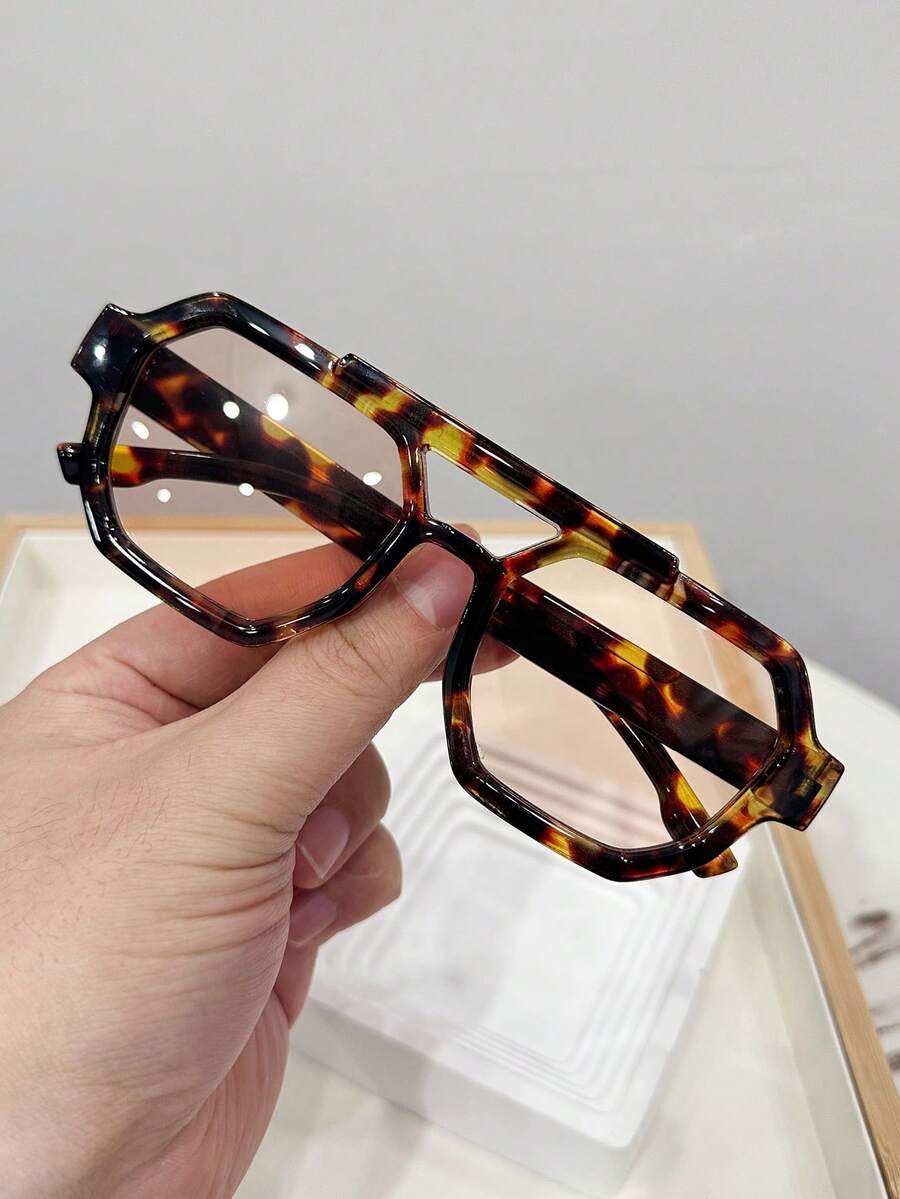 1 chiếc kính thời trang unisex kiểu dáng vuông, gọng đôi, họa tiết da báo, kính râm, thích hợp để đeo hàng ngày và chụp ảnh đường phố.