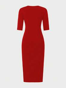 Elegant And Minimalist, This Cardigan Dress Features A Slim Fit, Zipper Design, Boat Neckline, And Midi Length, Making It An Ideal Choice For Fashionable Women In Spring, Summer, And Autumn. Red - Red - View 2