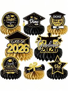 8pcs/4pcs/1pc Black & Gold 2026 Graduation Party Decor Set: Includes "Class Of 2026" Honeycomb Tabletop Centerpiece Decor With Black & Gold Accents. Great As Graduation Party, Celebration & Commencement Season Tabletop Decor, Creative Photo Prop. - Multicolor - View 1