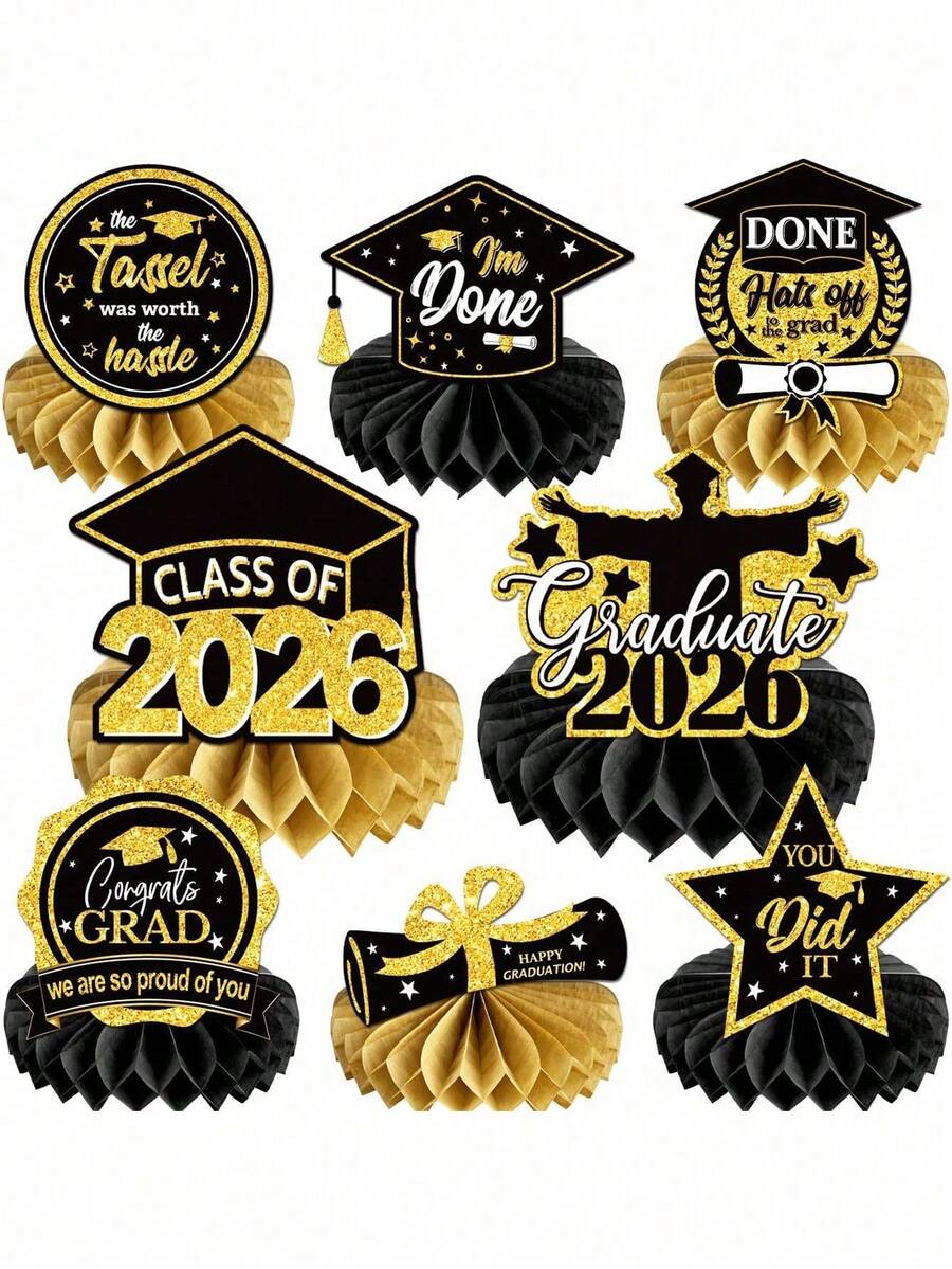 8pcs/4pcs/1pc Black & Gold 2026 Graduation Party Decor Set: Includes "Class Of 2026" Honeycomb Tabletop Centerpiece Decor With Black & Gold Accents. Great As Graduation Party, Celebration & Commencement Season Tabletop Decor, Creative Photo Prop. - Multicolor - View 1