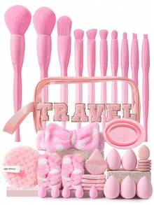 36件套化妆工具套装，包含：10支化妆刷套装+1个多功能防水拉链化妆包+1个发带+1个洁面海绵+1个手碗挂绳+5个迷你气垫粉扑+5个化妆海绵+5个三角粉扑+5个迷你化妆海绵+2个手碗挂绳，一应俱全，新手友好 | 方便旅行携带，送礼佳品 | 新手/女性的完美之选 - 彩色 - 查看 1