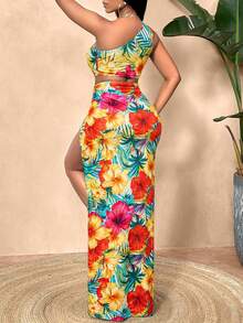 Sexy Floral Print Hollow-Out High Slit Asymmetric Shoulder Dress, Random Floral Pattern, Summer Vacation Elegant - Multicolor - View 1