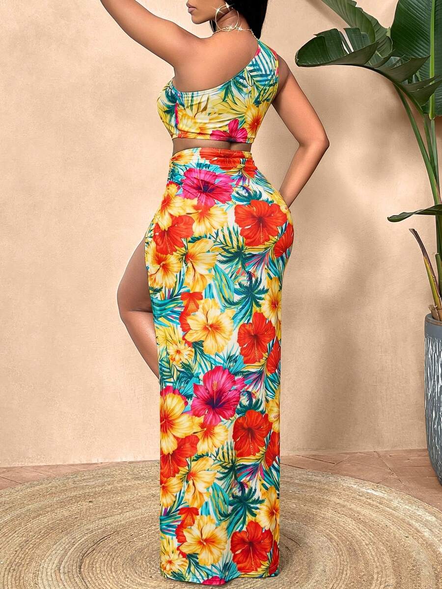 Sexy Floral Print Hollow-Out High Slit Asymmetric Shoulder Dress, Random Floral Pattern, Summer Vacation Elegant - Multicolor - View 1