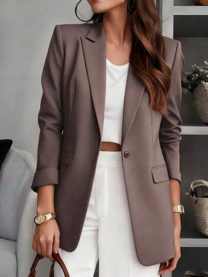 Blazer Feminino de Cor Sólida com Gola Entalhada, Design de Bolso com Botão, Manga Longa para Uso no Escritório, Versátil para Negócios e Casual, Adequado para Outono, Inverno e Primavera