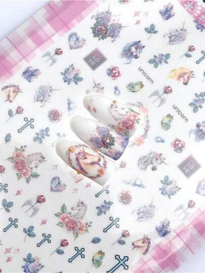 仙女独角兽美甲贴纸/1张3D美甲贴纸自粘贴花